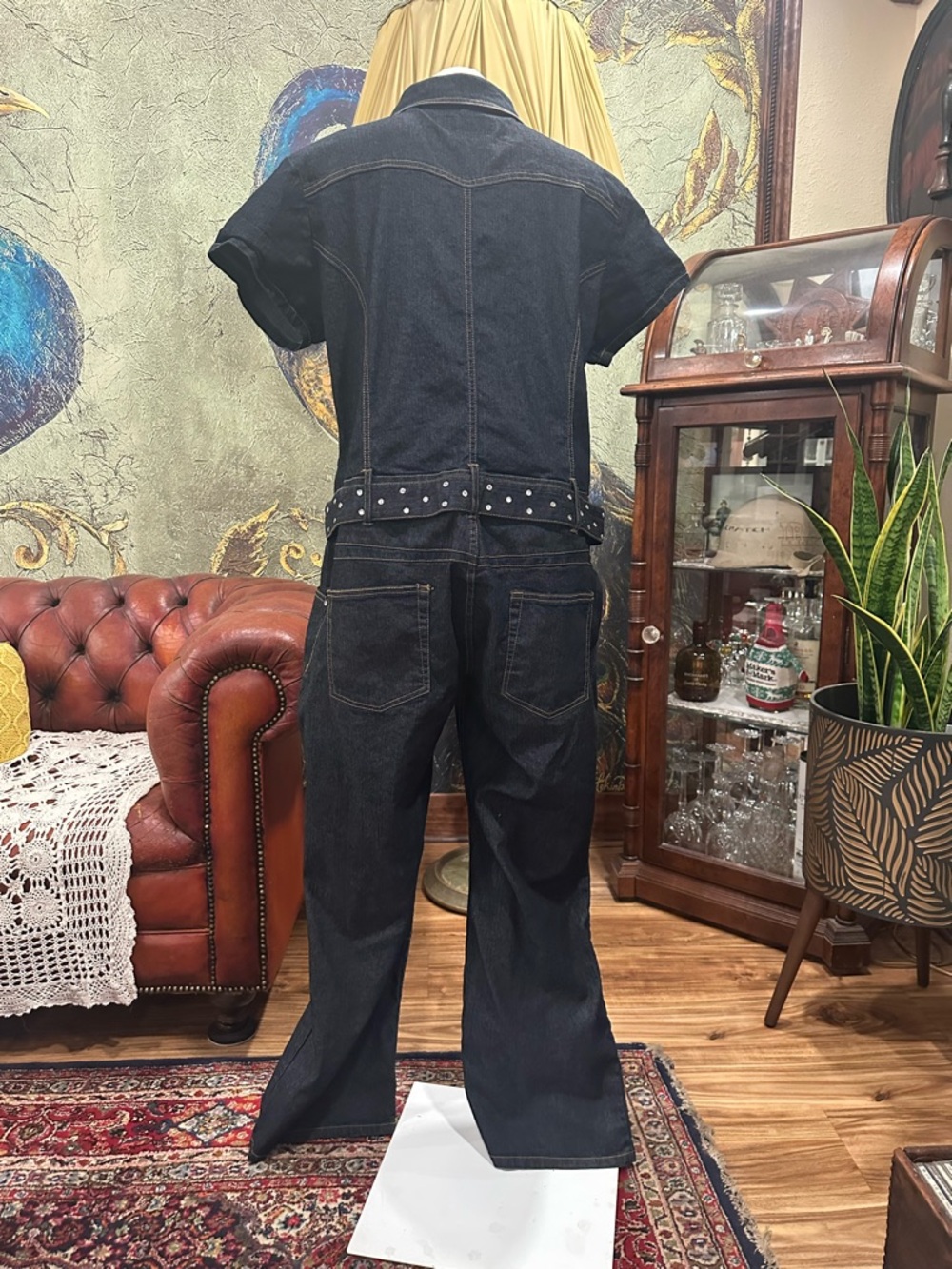 Goddess Plus Size 18 Denim Jumpsuit Rhinestone Belted Western Boho Y2K Flare XL - Picture 6 of 14